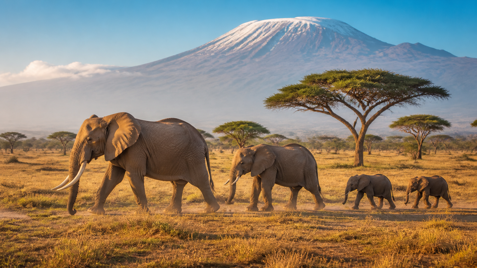 Elephants in Amboseli with Mount Kilimanjaro in the distance